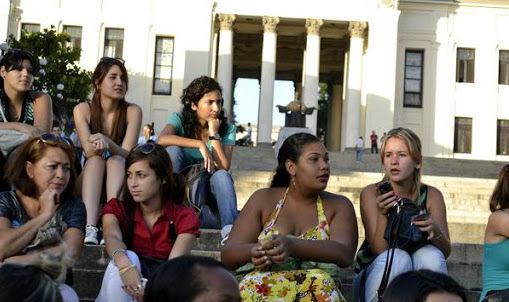 A group of young university students on the steps of the Colina Universitaria in Havana.