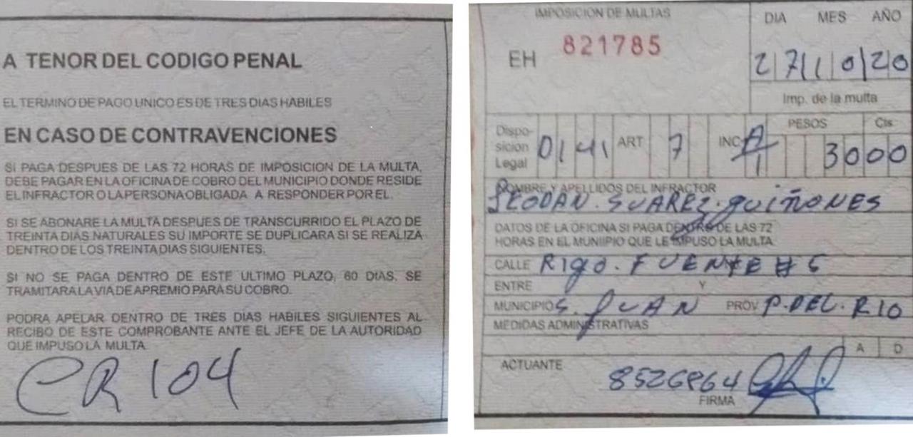 La multa impuesta a Leodán Suárez Quiñones.