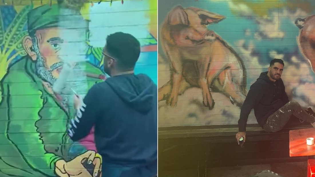 El Sexto tapa el graffiti de Fidel Castro con unos cerdos. 