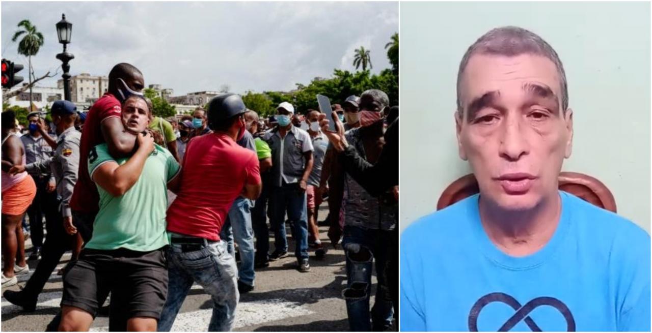 El opositor cubano Armando Abascal Serrano (d) y una detención tras las protestas.