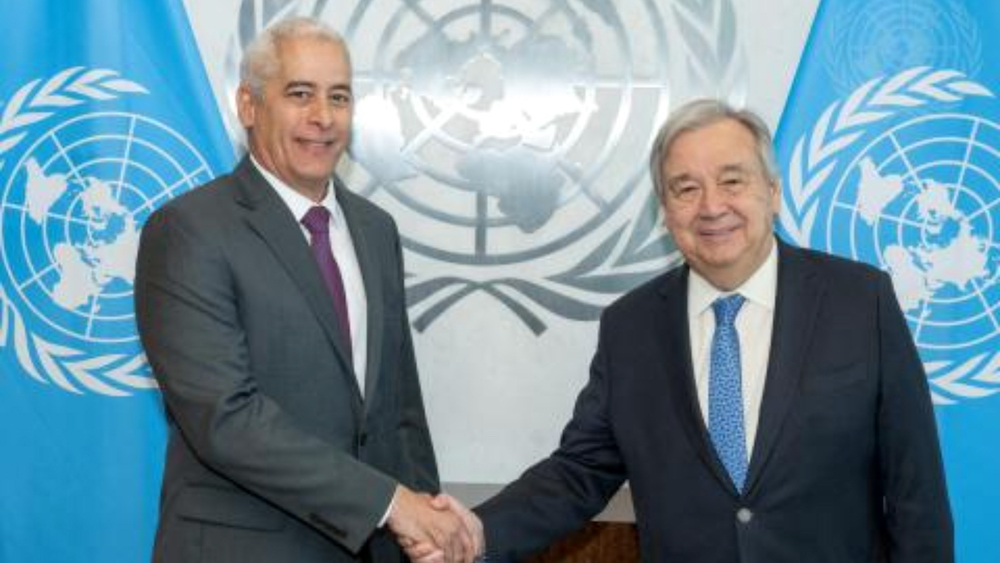 Gerardo Peñalver Portal, nuevo embajador permanente del régimen cubano ante la ONU, y Antonio Guterres, secretario general de la ONU.