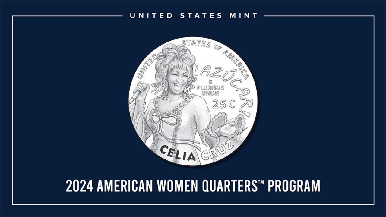 Diseño de la moneda estadounidense que rinde homenaje a Celia Cruz.