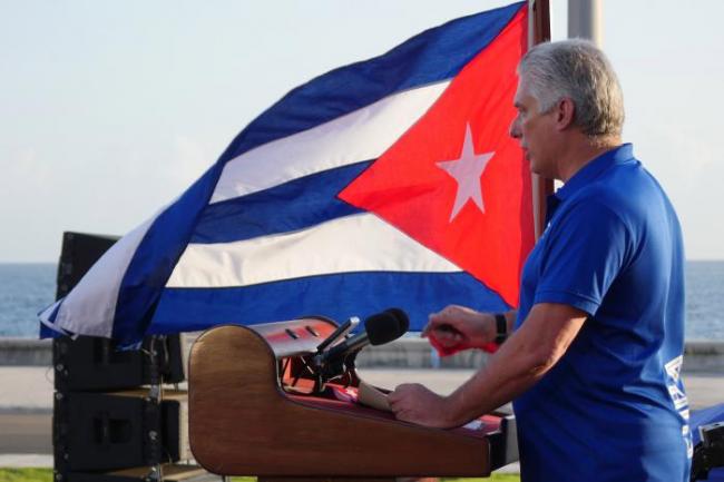 Miguel Díaz-Canel en el acto de respuesta a las protestas en Cuba.