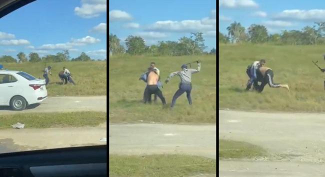 Un cubano siendo golpeado por policías en una carretera. Capturas de pantalla.